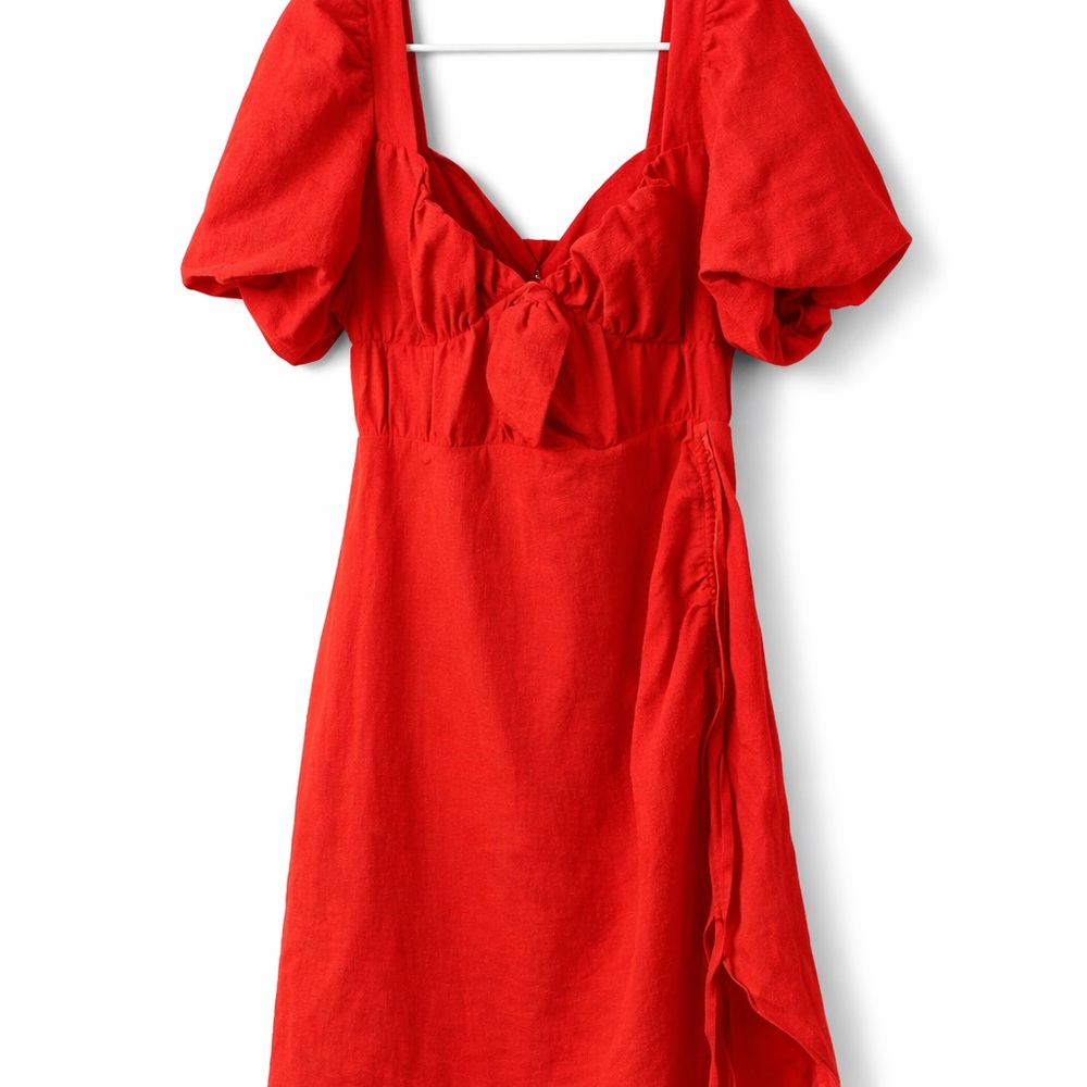 PrettyLittleThing Red Puff-Sleeve Midi Dress with Front Tie